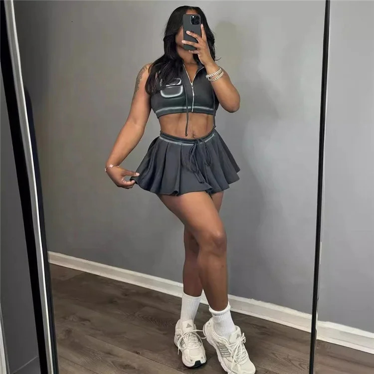Sporty Casual Two Piece Set for Women Zip Up Tank Top and Mini Skirt Sets 240806