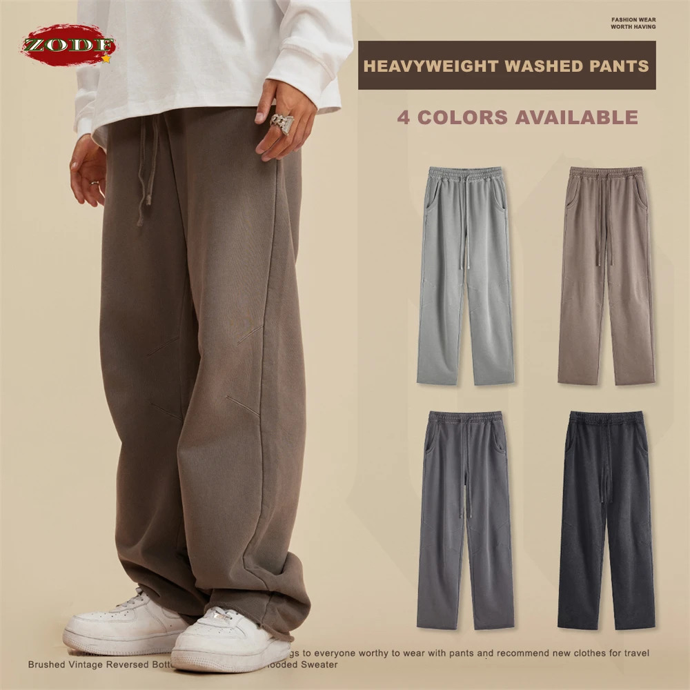 ZODF Men Washed 380gsm Cotton Pants Unisex High Street Oversized Loose Edge Straight Knitted Trousers Streetwear HY0608 240806
