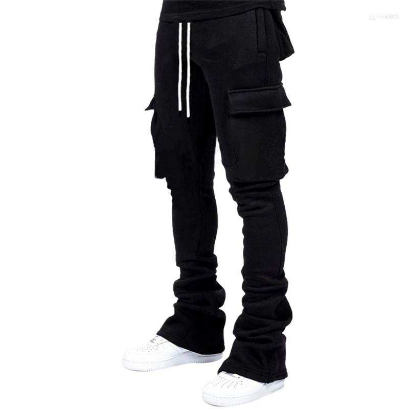 Men's Pants Mens Drawstring Waist Jogger Solid Color Pile Up Stacked Cargo Workout Running Sport Sweatpants With Multi Pockets
