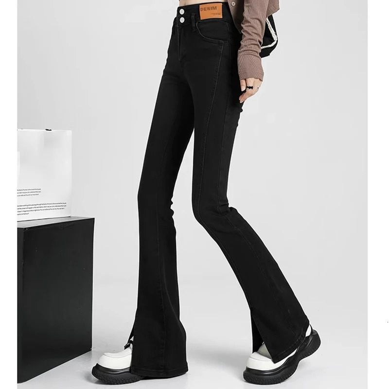 Woman High Waist Trashy Y2k Clothes Slit Bell Bottom Jeans Girls Fashion Baggy Flare Pants Lady Slim Fit Black Denim Trousers 240807