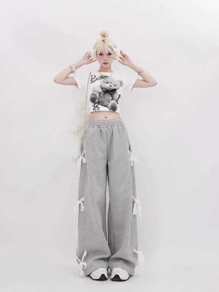 Womens Grey Lace Lace-up Pants Vintage Y2k Harajuku 90s Aesthetic Sweatpants Retro High Waist Wide Trousers 2000s Clothes 240821
