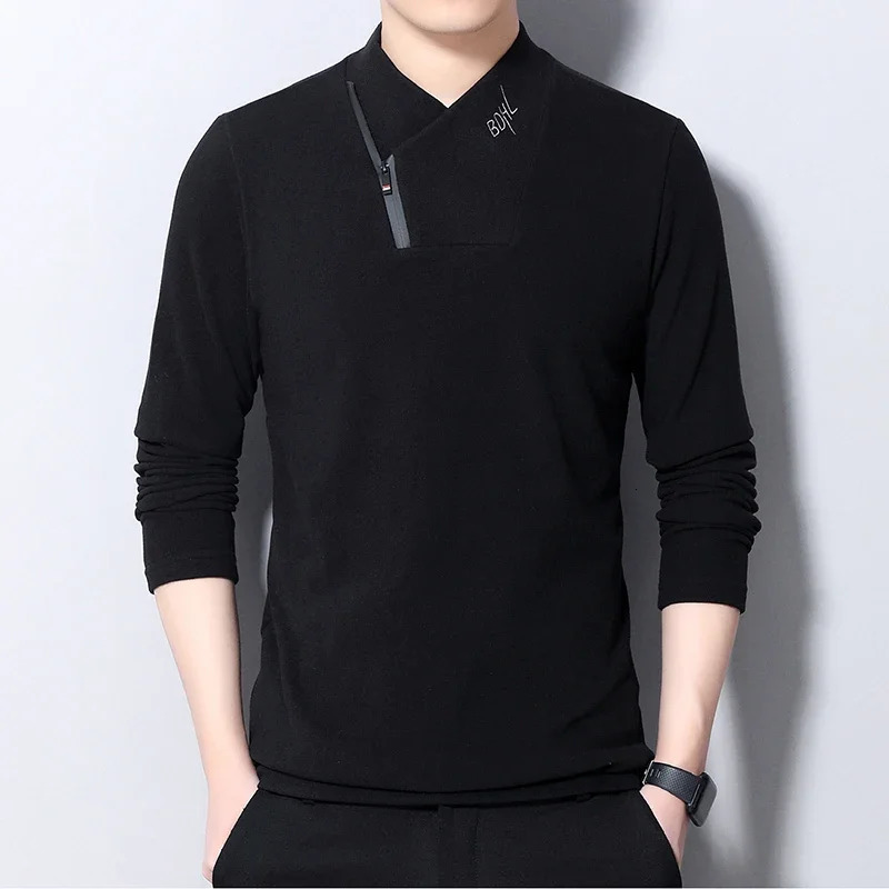 Mens Casual Suede Long Sleeve Polo Shirt Fashion Solid Polo Top 240814