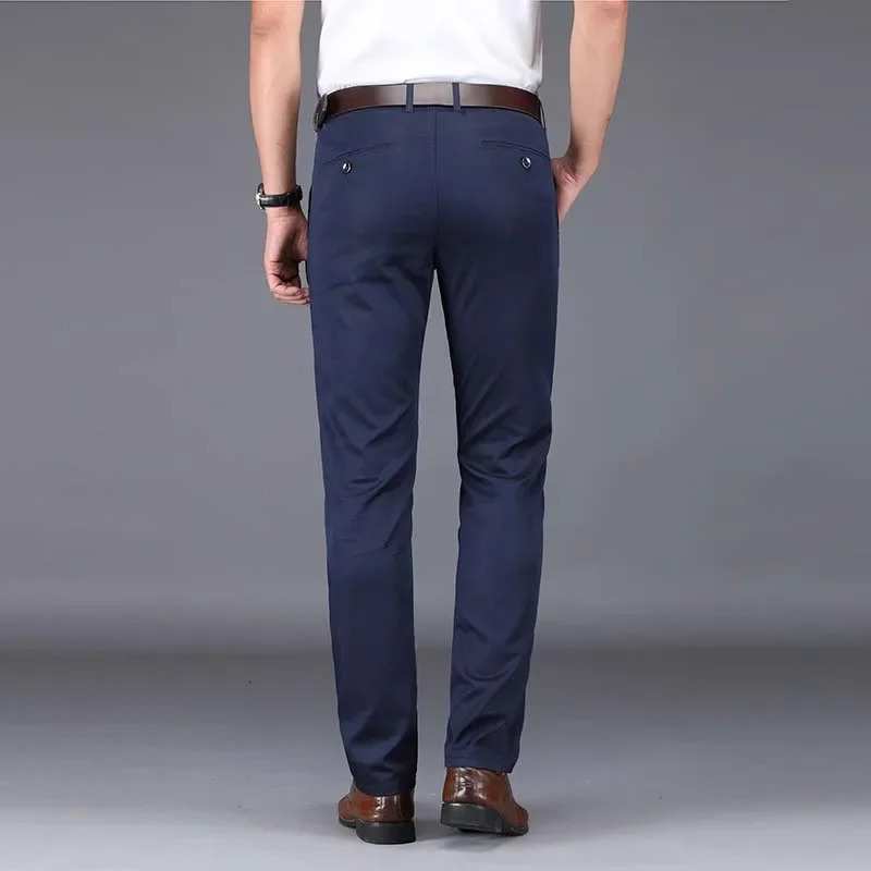 Summer Ultrathin Mens Ice Silk Casual Pants Soft Comfortable Solid Color Elastic Business Straight Trousers Man Navy Blue 240806