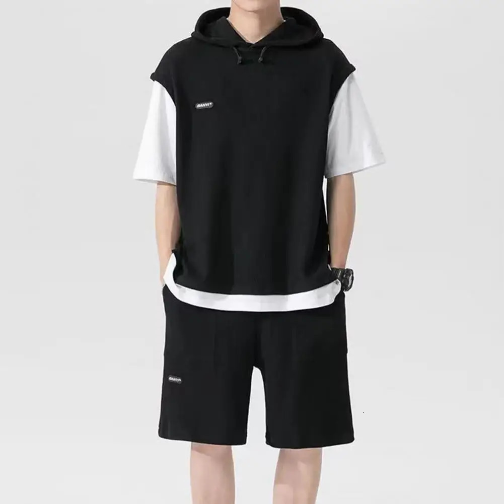 Loose Breathable T-shirt Shorts Set Two-piece Loose Fit Outfit Mens Casual Sport Outfit Set with Hooded Drawstring for Active 240813