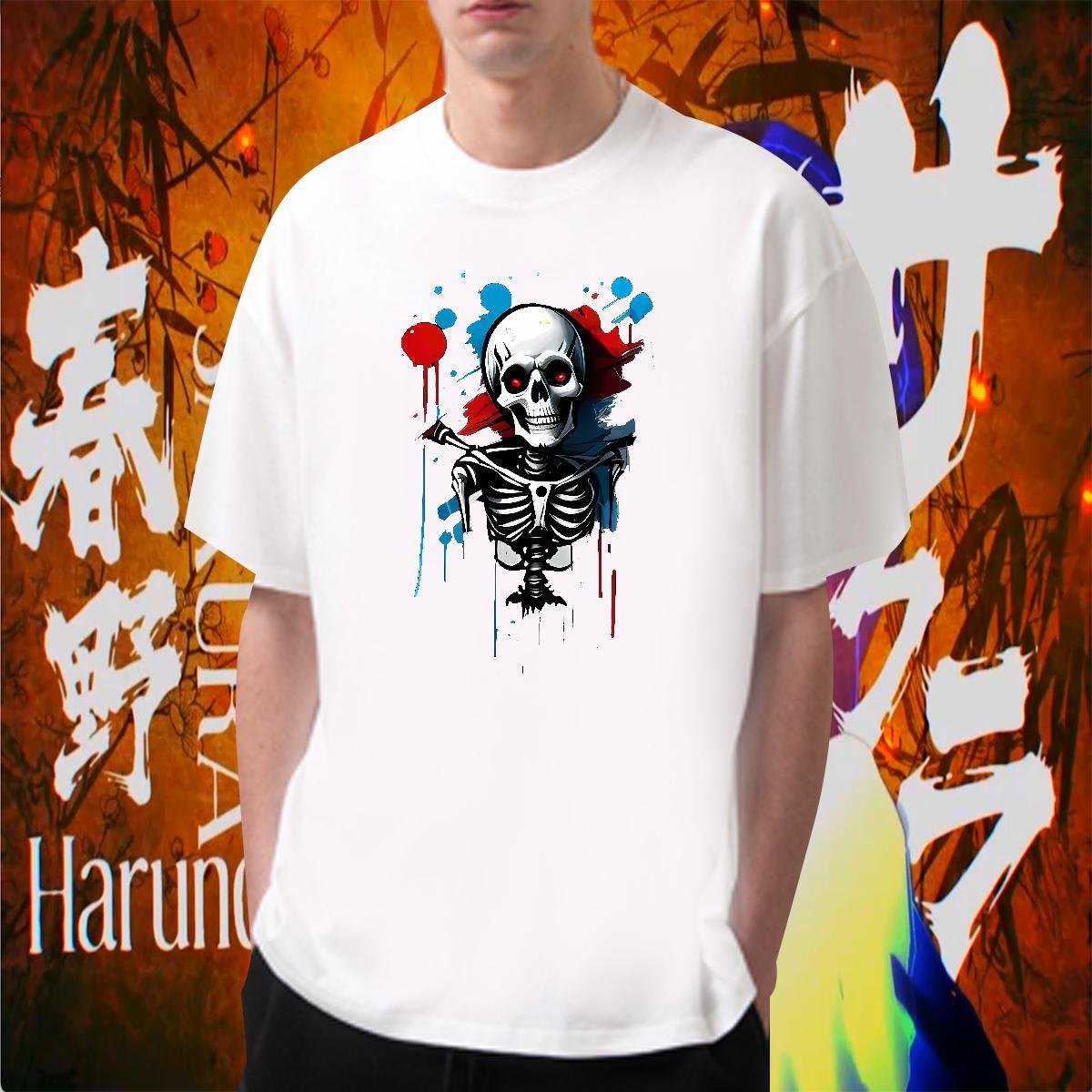 Casual New Men T Shirts skull Tops 100% Cotton 230g Beach Popular DIY Anime Breathable Crew Neck Men Tees