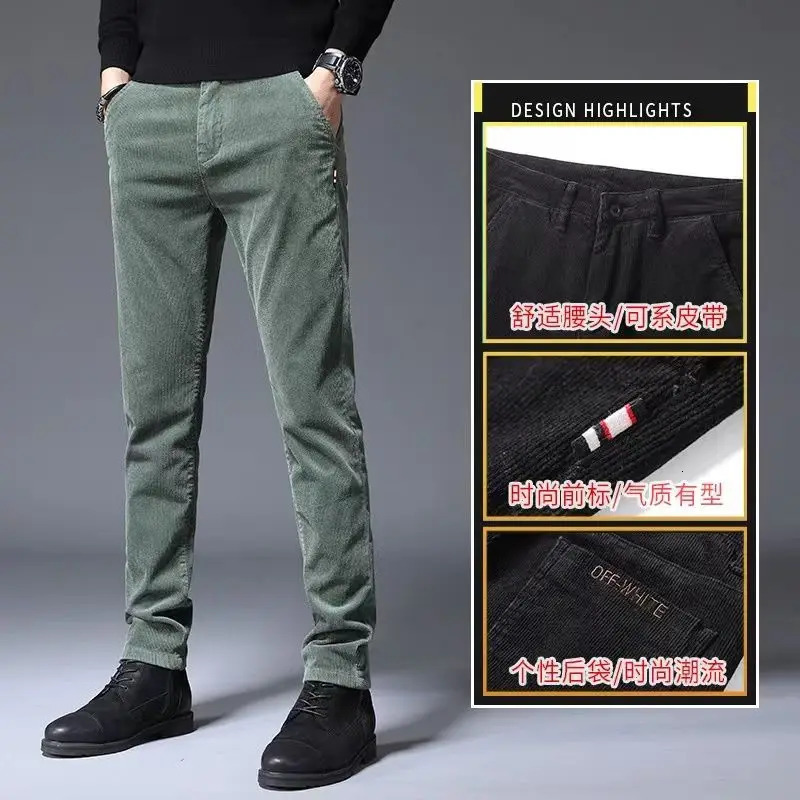 Corduroy Autumn Winter Mens Stretch Casual Slim Straight Velvet Thicken Trousers Fashionable Youth Army Green Pants 240806