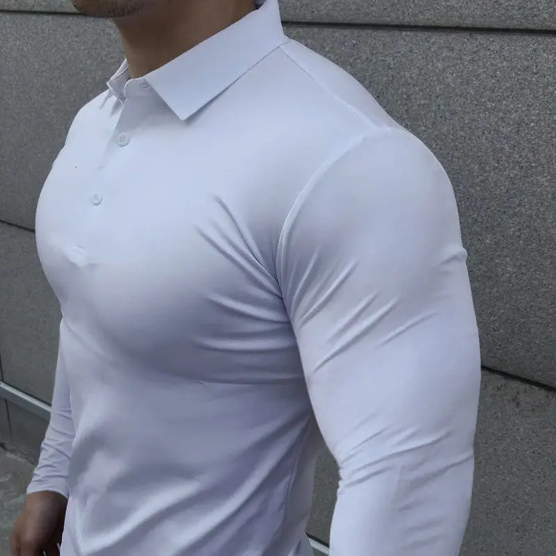 Korean Autumn Casual Fitness Polo Shirt Men Solid Button Slim Elastic Versatile Sports Breathable Quick Drying Long Sleeved Tops 240814
