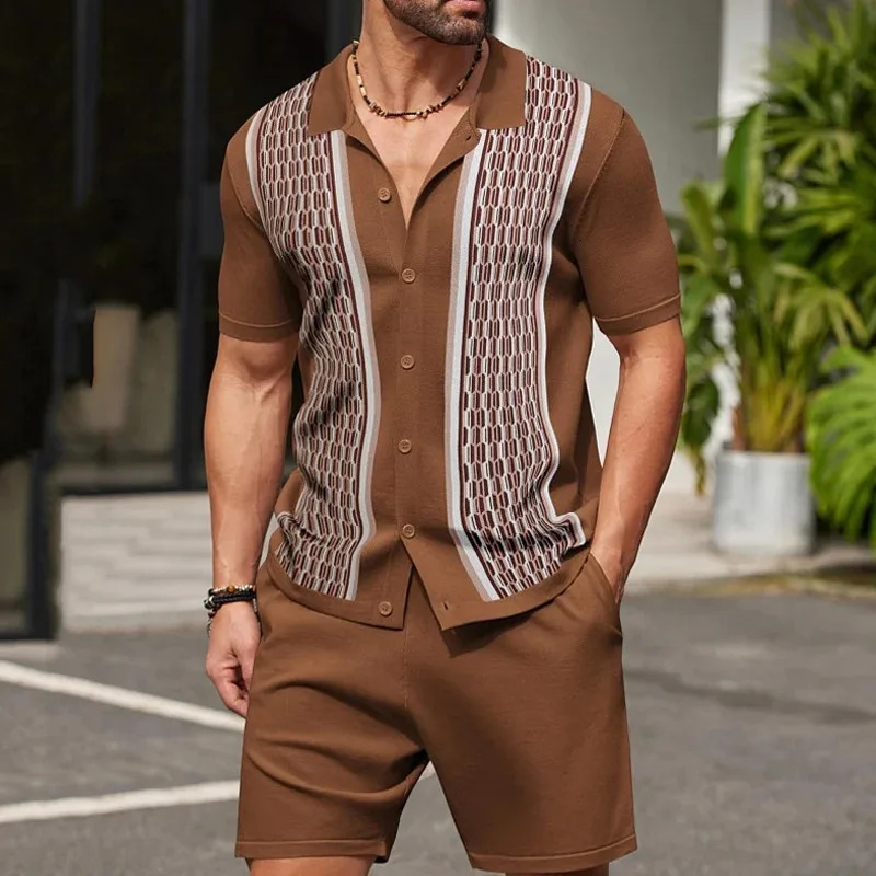 Retro patch work crochet shirt and shorts set casual daily shirt set mens holiday outdoor clothing summer240806