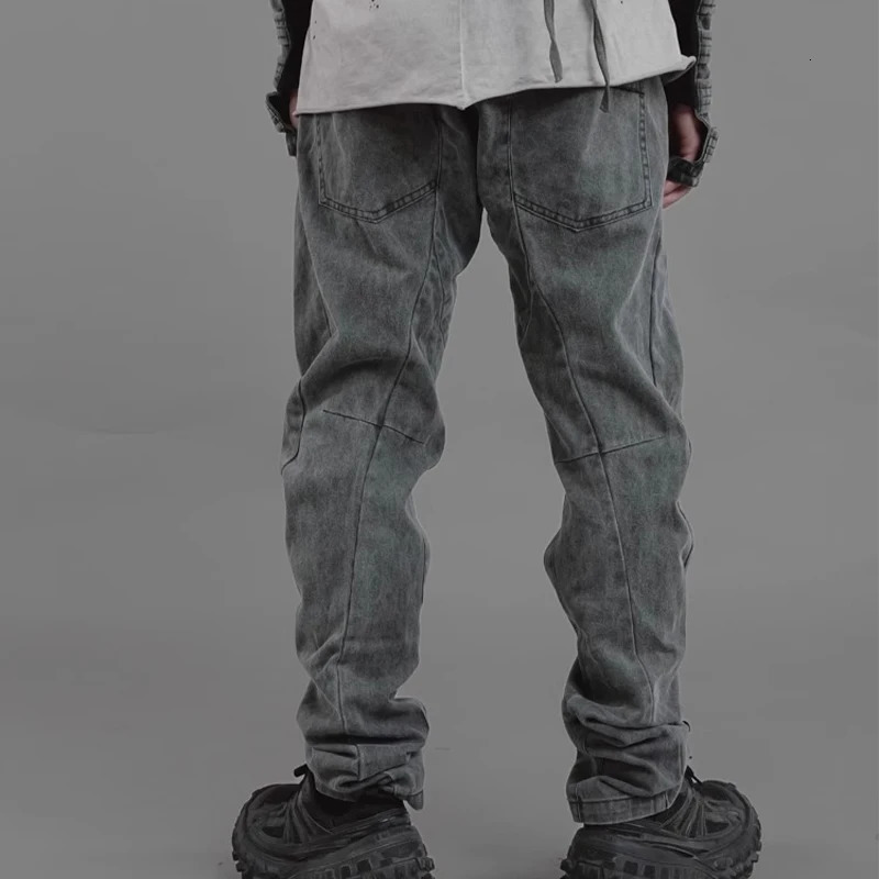 Sand Style Spiral Curve Cutting Straight Casual Pants Men Washed Distressed Grey Trousers 240806