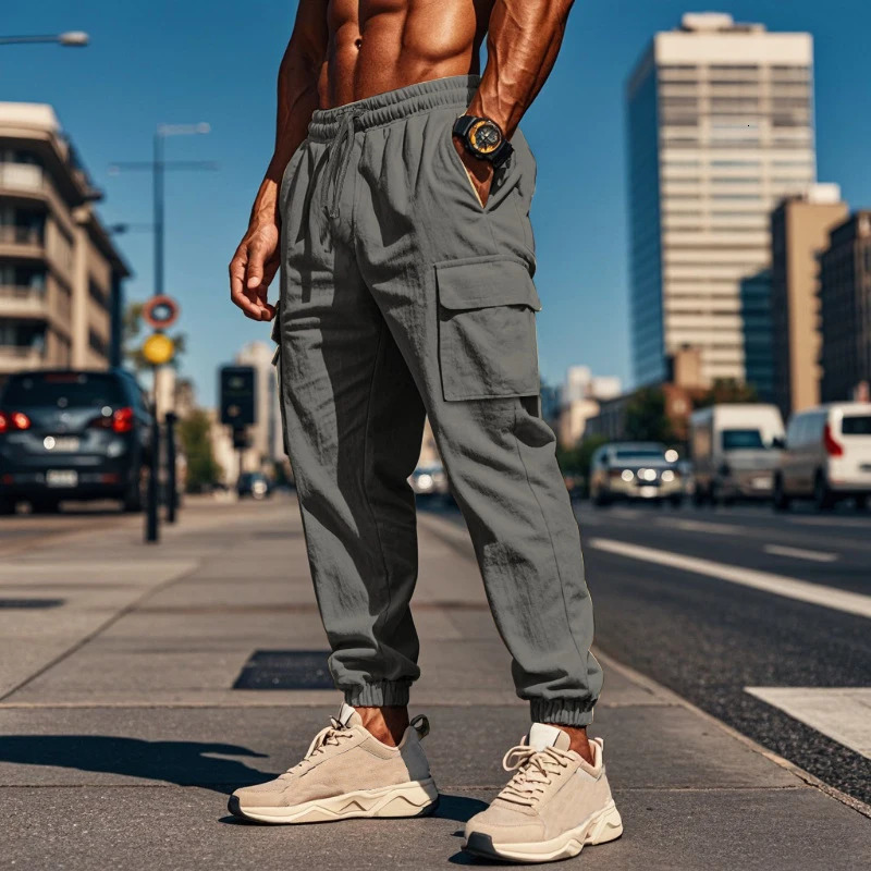 Vintage Loose Drawstring Mens Cotton Pants Stylish Solid Color Breathable Cargo Streetwear Fashion Pocket Men 240806