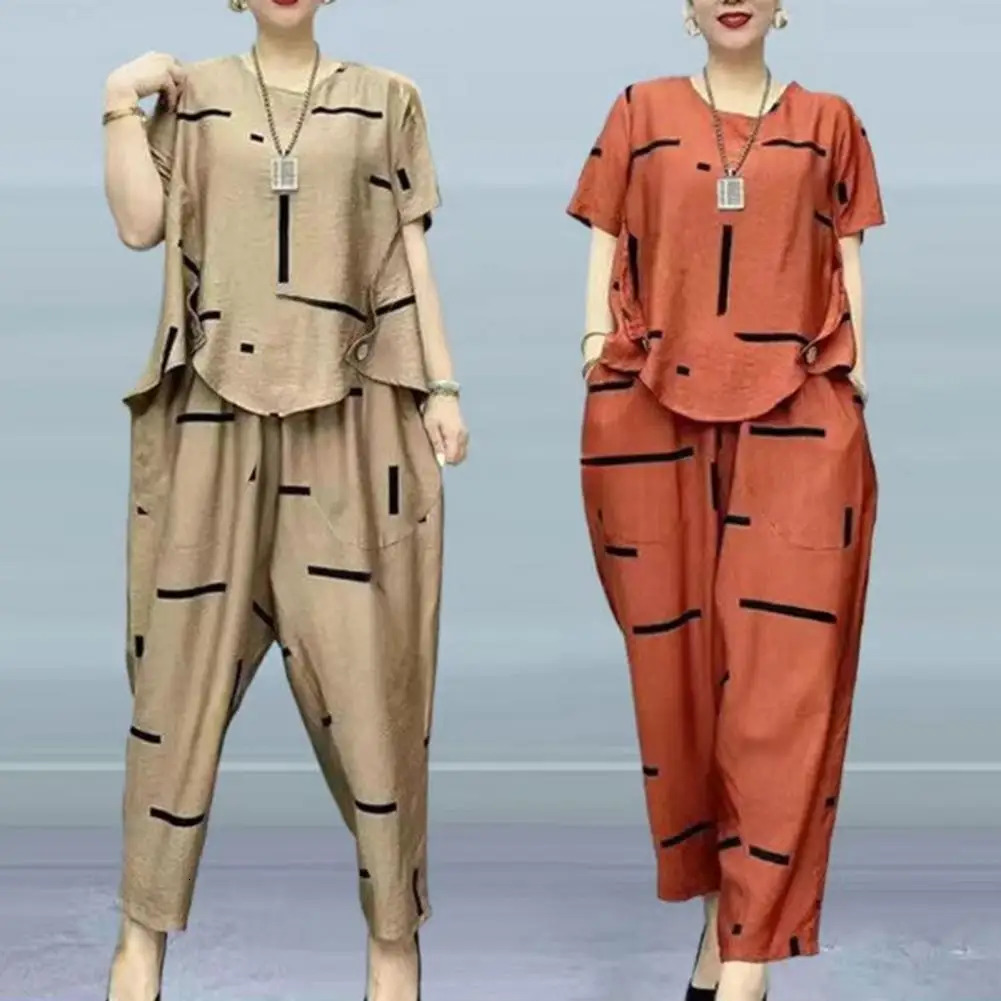 Wide Leg Harem Pants Outfit Casual O-Neck Short Sleeve Irregular Hem Pockets Top Pants Set Mid-aged Women Printing Streetwear 240807