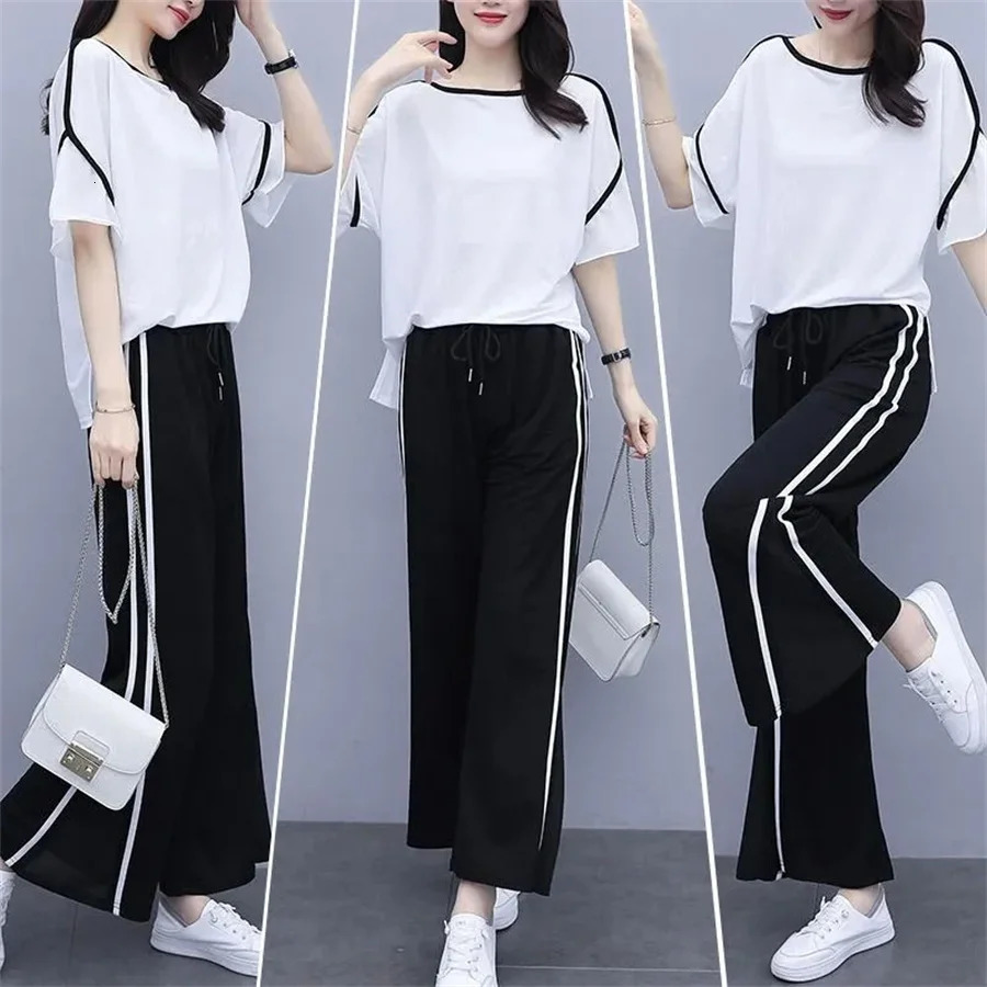 Short Sleeved Wide Leg Trousers Two Piece Set Fashion Loose Casual Sports Suit Women 240807