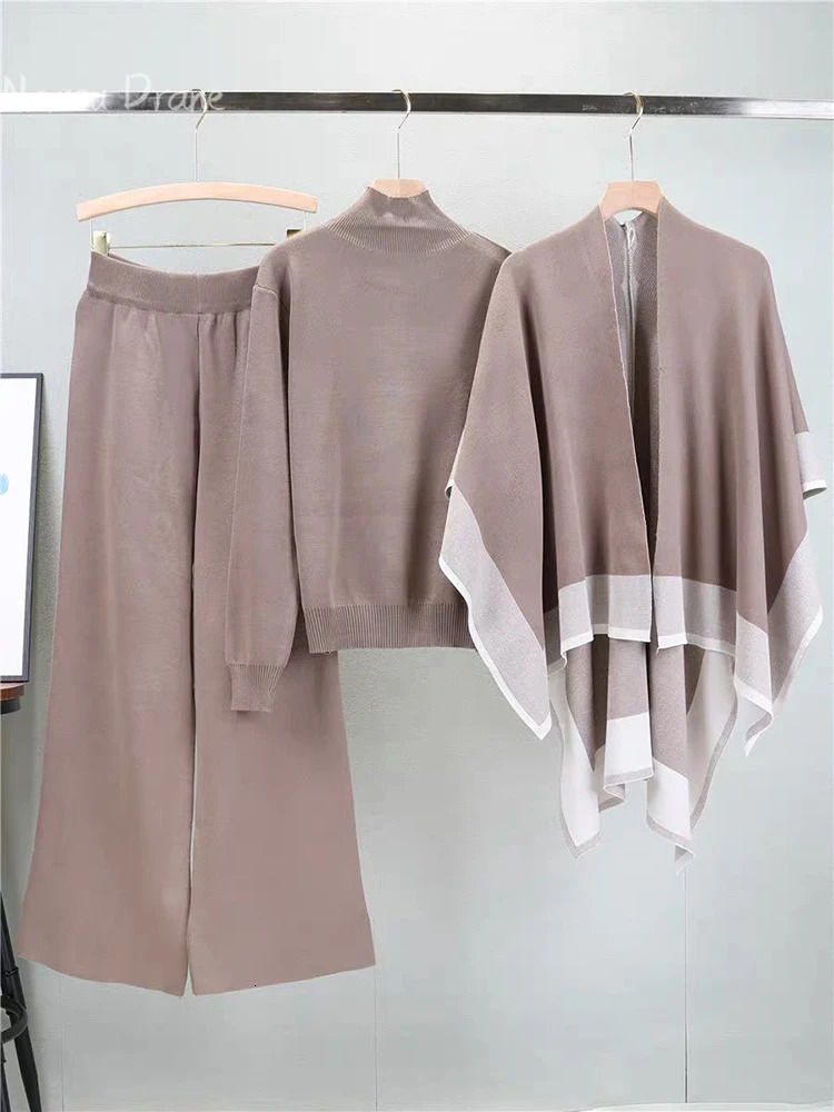 Korean elements Fashion Three-piece Set for Women Autumn Knitted Long-sleeved Sweater Shawl Sports Casual Pants Suit 240807