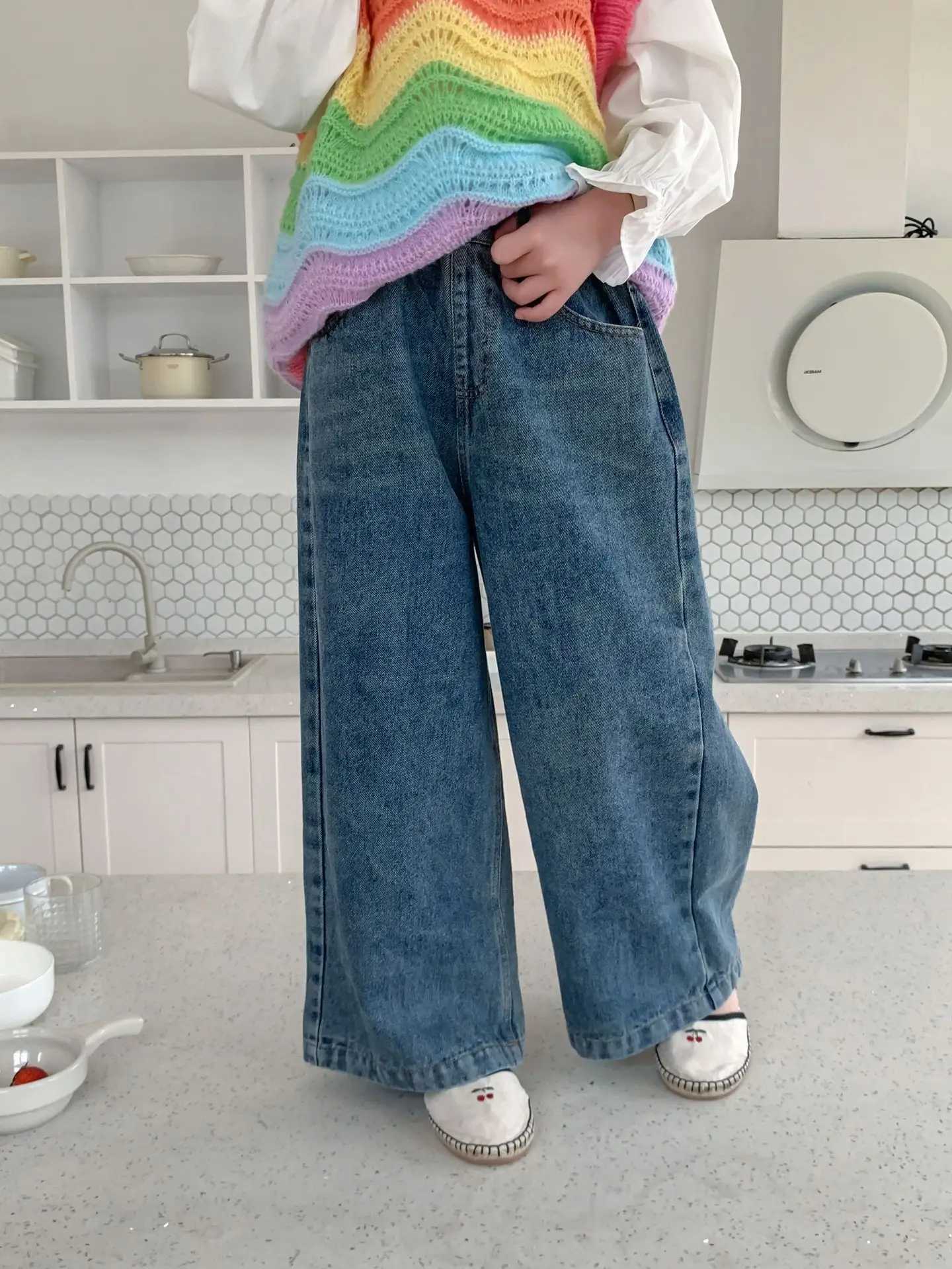 Jeans Spring Autumn fashion wide leg denim pants Girls washed jeans loose jeans