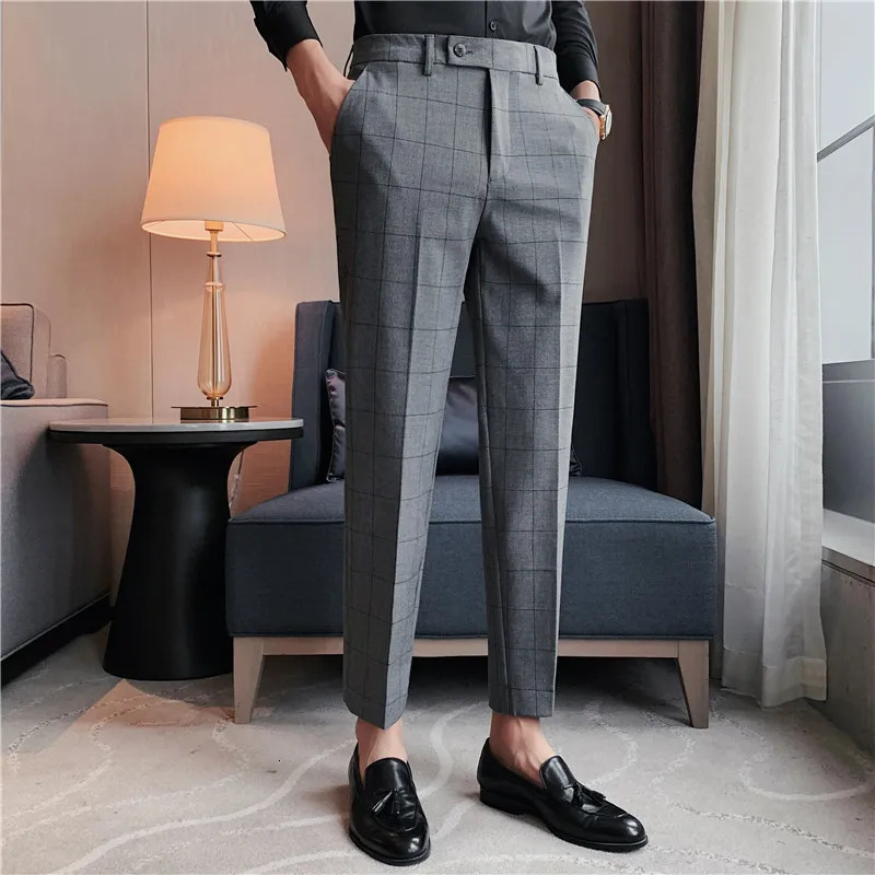High Quality Mens Formal Pants Office Social Business Fashion Plaid Suit Casual Slim Wedding Street Wear Trousers 38 240806