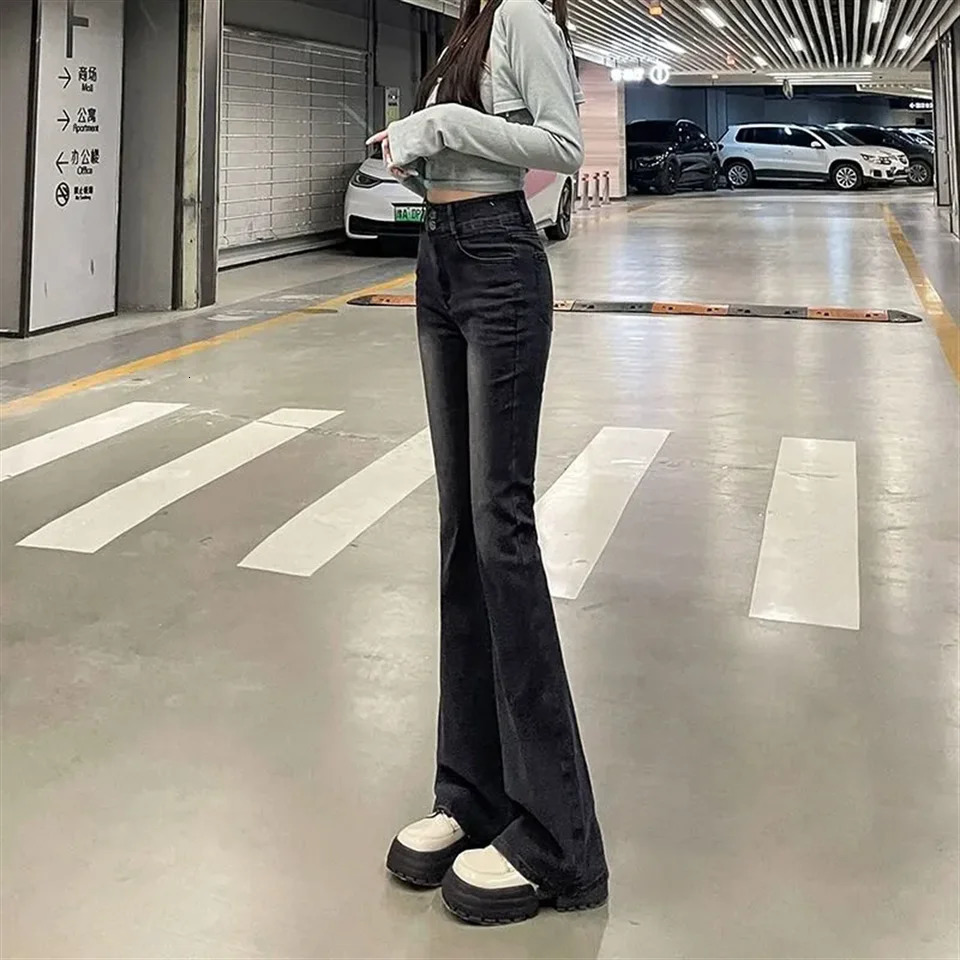 Fashion Skinny Bell Bottom High Waist Gray Denim Pants Women Flare Stretch Moustache Jeans Lady Classic Y2K Punk Long Trousers 240807