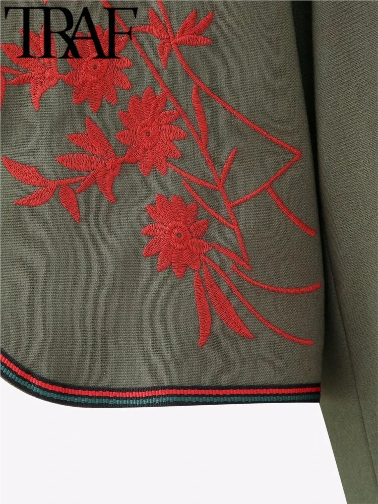 TRAF GAL Spring Red Embroidered Jacket Women Short Cardigan Long Sleeve Stand Collar Vintage Coat Female Crop Top Y2k 240807