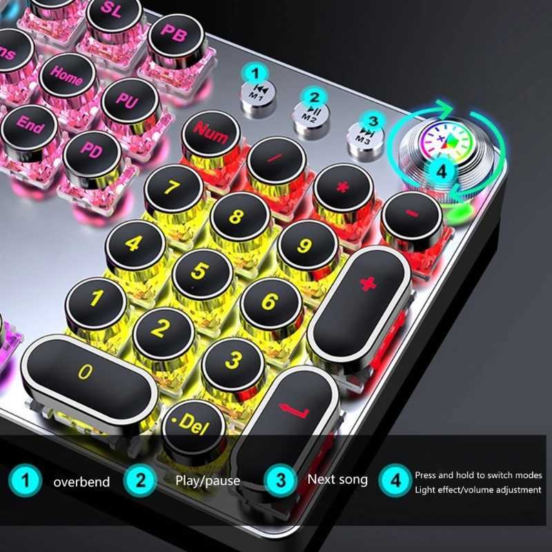 DN59 Corded Typewriter Mechanical Keyboard Rainbow Backlight Retro Punk Round Keycap For 104 Keys Media Knob WhiteM240715
