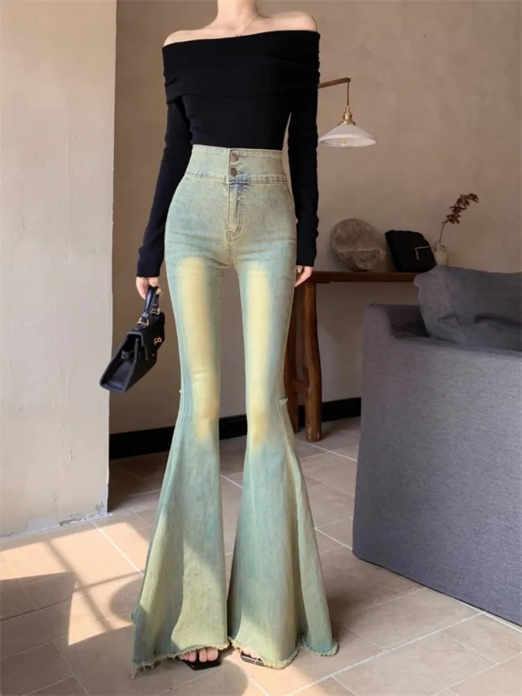 Ezgaga Vintage Jeans Women Fashion Slim High Waist Denim Pants Autumn Flare Long Trouser Wide Leg Sexy Elegant Streetwear 240807
