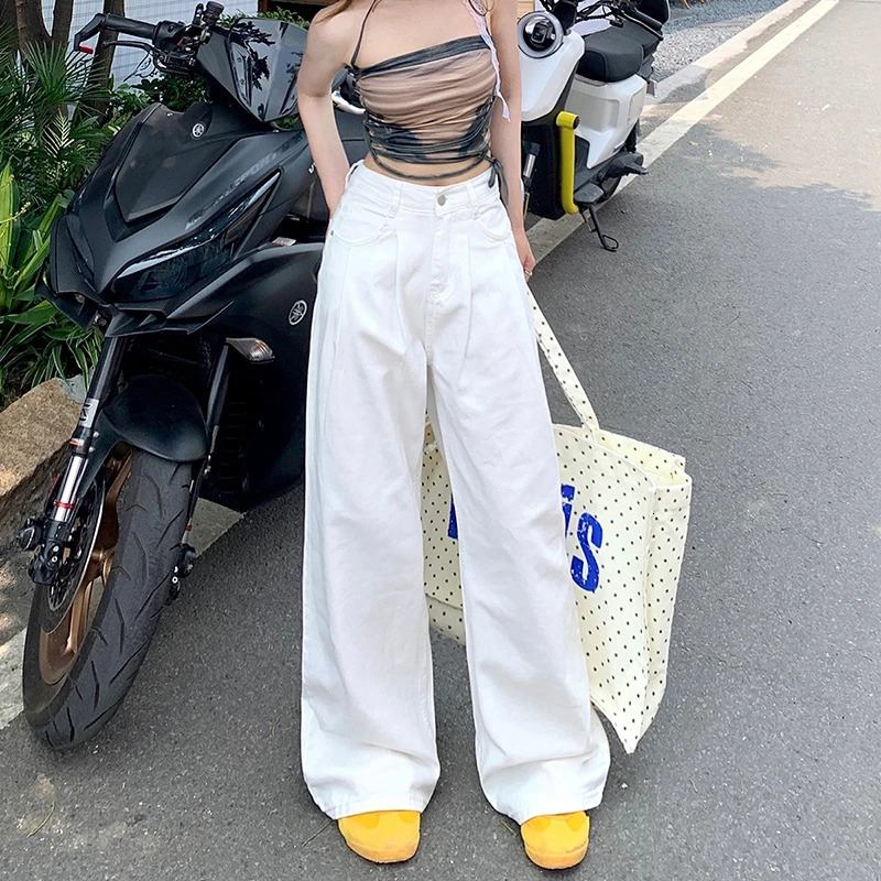White Pleated High Waisted Straight Leg Denim Jeans For Women Loose A Drooping Feeling. Instagram Solid Fashion Denim Pants 240807