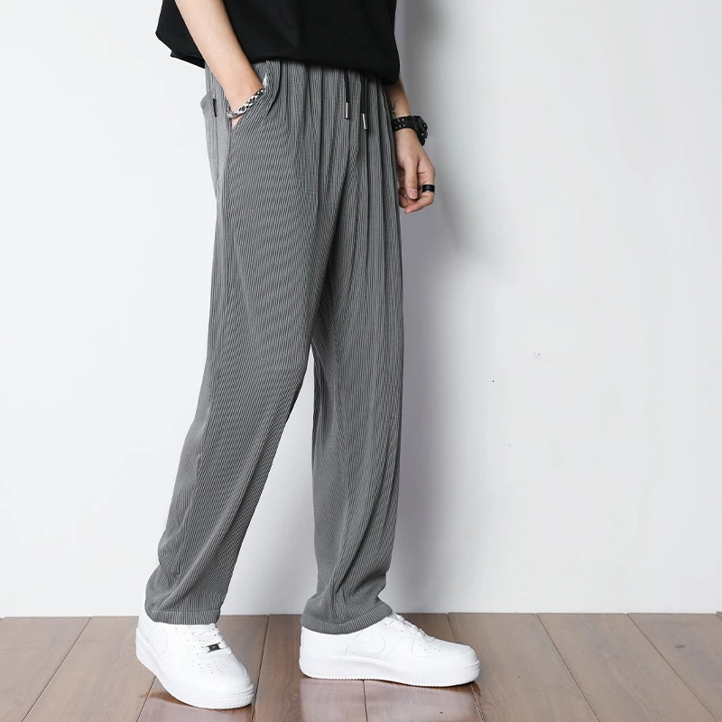 Fashion Straight Pants Mens Loose Thin Section Drape Ice Silk Pants Wide Leg Sports Pants Solid Color Thin Casual Trousers 240816