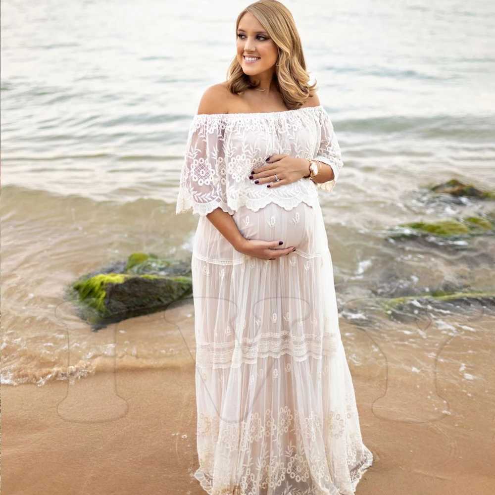 Pregnancy Dress For Baby Showers Ruffled Off Shoulder Lace Embroidered Bohemian Maxi Dress Maternity Photography GownY240806