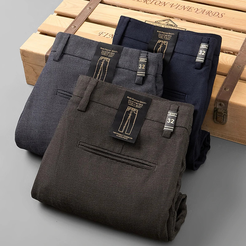 Business Casual Suit Pants Men Solid Middle Waist Straight Office Formal Trousers Mens Classic Style Long 240806