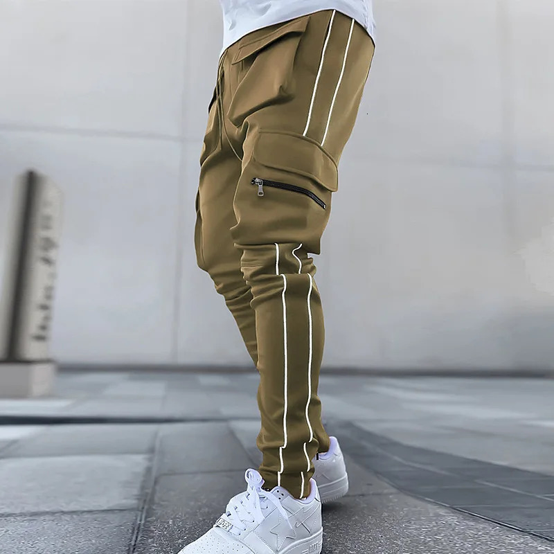 Mens Gym Joggers Cargo Pants MultiPocket Reflect Straight Sports Fitness Casual Clothing Fashion Trousers Sweatpants 240806