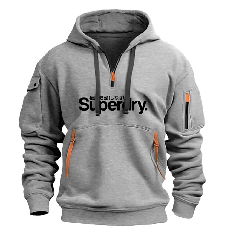 Fashionable mens hooded sweatshirt with multiple pockets and zipper for comfortable flight casual flip cover y240806