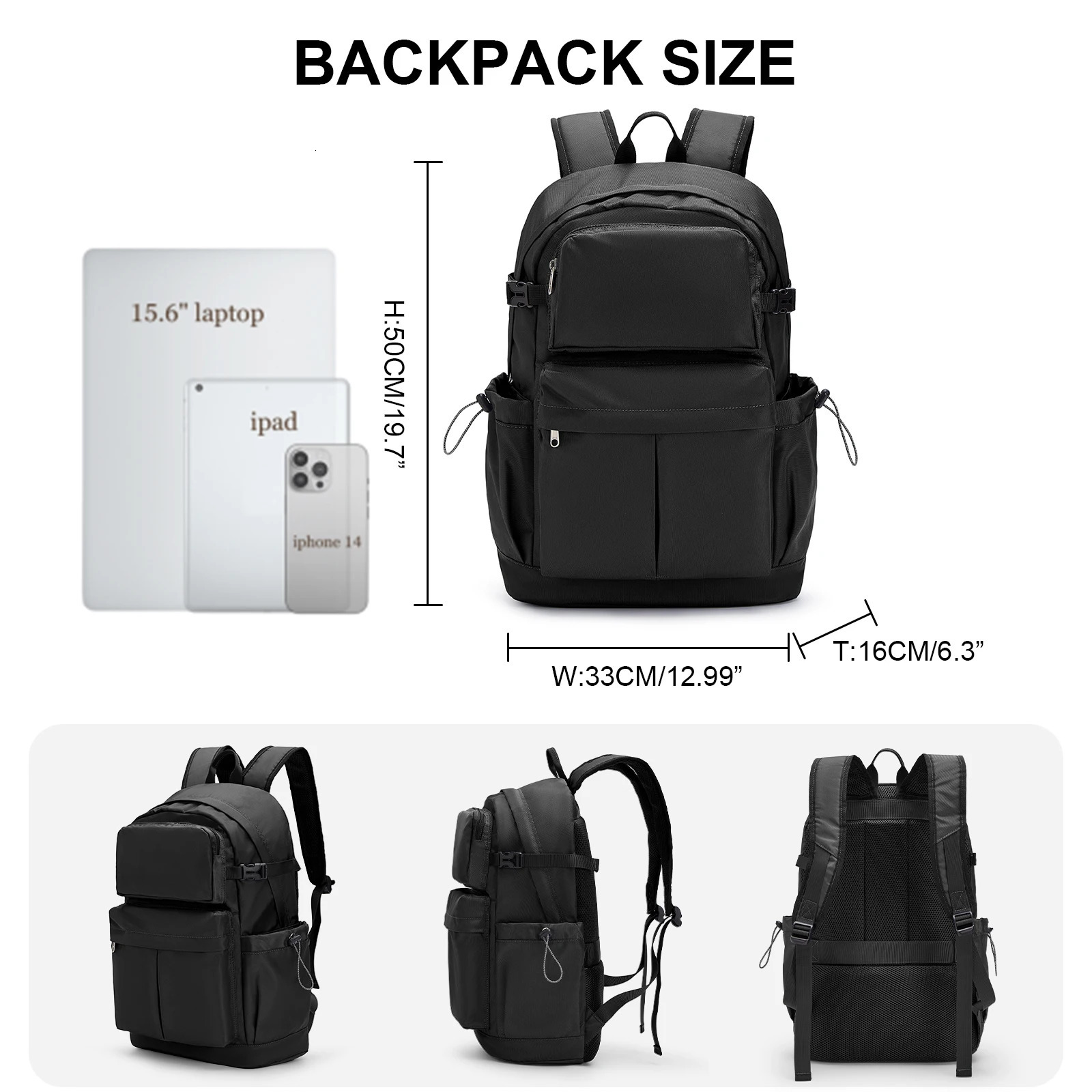 School backpack black waterproof 156 laptop bag casual lightweight work travel for men and women college hiking 240807