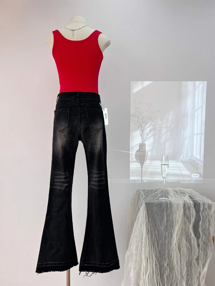 Women Dark Academia Grunge Y2k Japanese Streetwear Bell Bottoms Denim Pants Long Trousers 2000s Aesthetic Flare Jean Kpop Gyaru 240807
