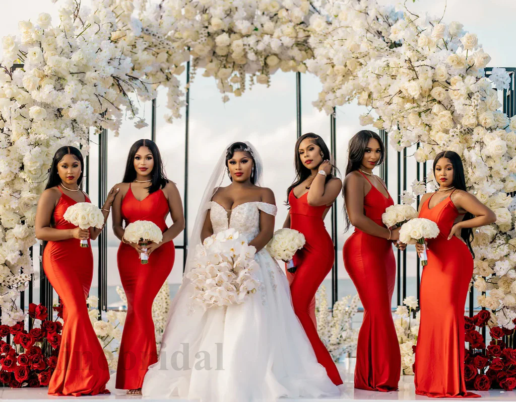 Long Mermaid Orange Bridesmaid Dresses V Neck African Girl Wedding Party Evening Dress Robes De Soiree Mariage Custom