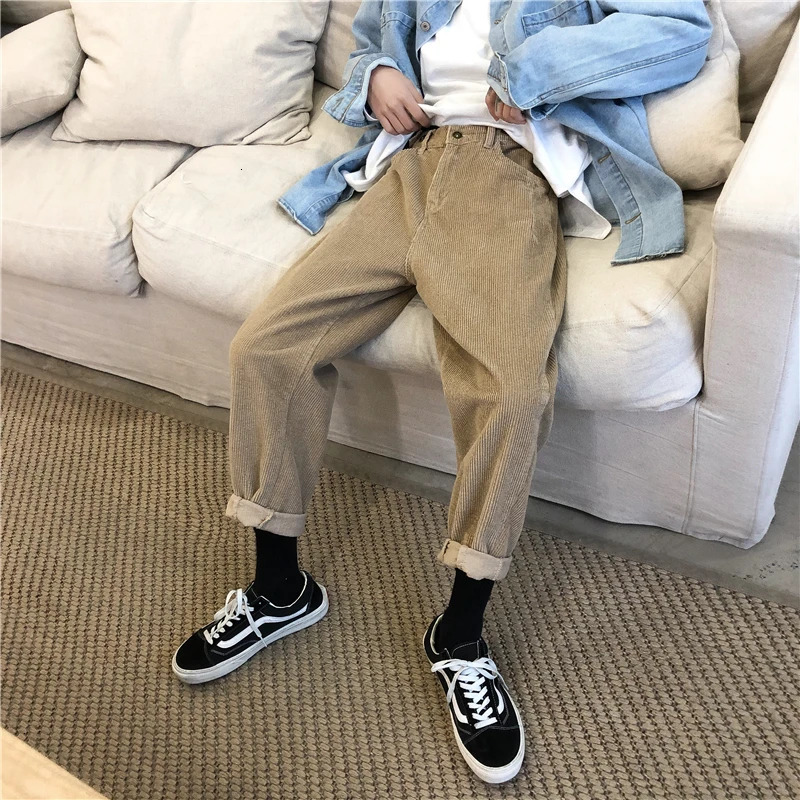 Corduroy Pants Men Fashion Retro Casual Solid Color Straight Streetwear Khaki Black Harem Mens Vintage Trousers 240806