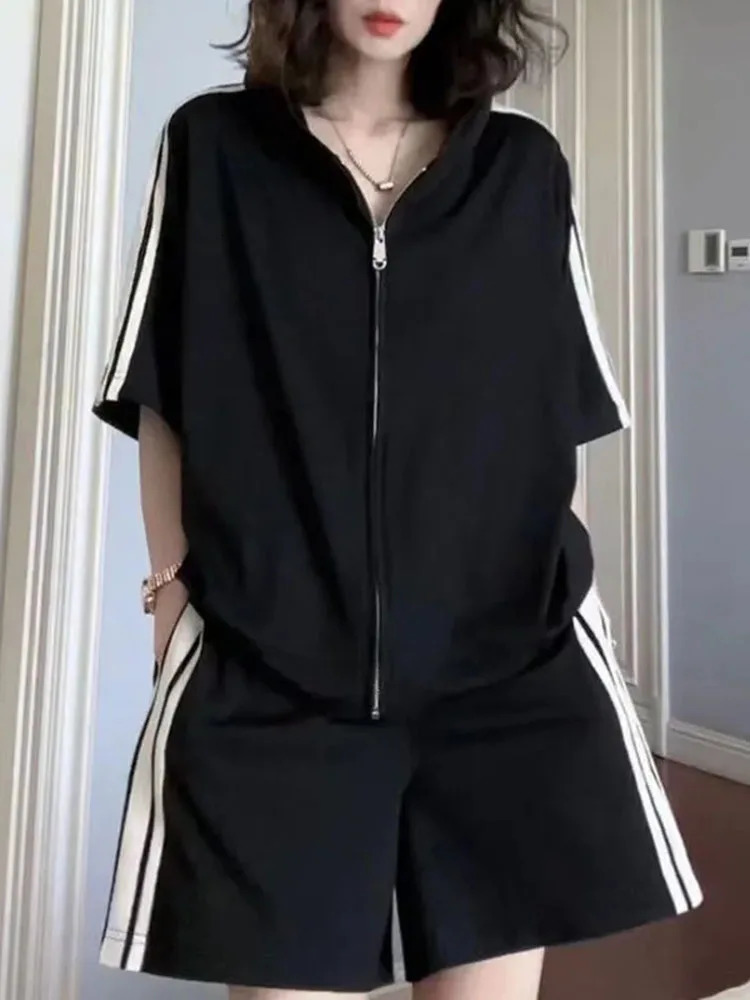 Summer Gothic Street Style Shorts Suits Women Casual Sports Jogger Loose Shorts Two Piece Sets Casual Y2k Harajuku Polo T-shirts 240807