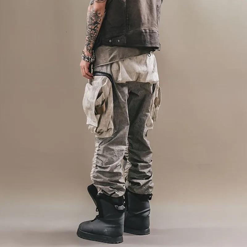 HKSH Mens Dark Doomsday Tactical Multi Pockets Waste Land Overalls Vintage Craft Folding Stacking Tie Foot Cargo Pants HK0119 240806