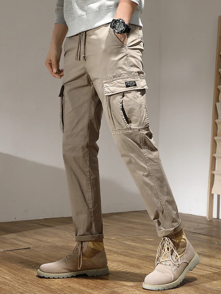 mens straight cargo pants with multiple pockets street clothing fashionable military tactical cotton casual 240812