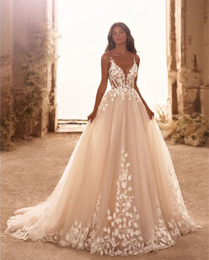 New Sexy Spaghetti Tulle A-line Wedding Dresses Illusion Floral Flowers Appliques Lace Bridal Gowns Sweep Train Princess Vestidos De Novia