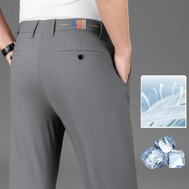 Summer Casual Mens Ultrathin Elastic Formal Office Straight Trousers Male Ice Silk High Stretch Business Suit Pants Plus Size 240806
