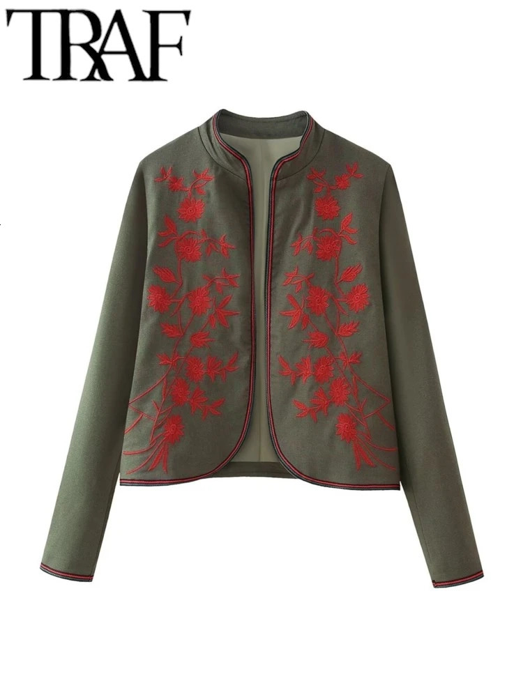 TRAF GAL Spring Red Embroidered Jacket Women Short Cardigan Long Sleeve Stand Collar Vintage Coat Female Crop Top Y2k 240807