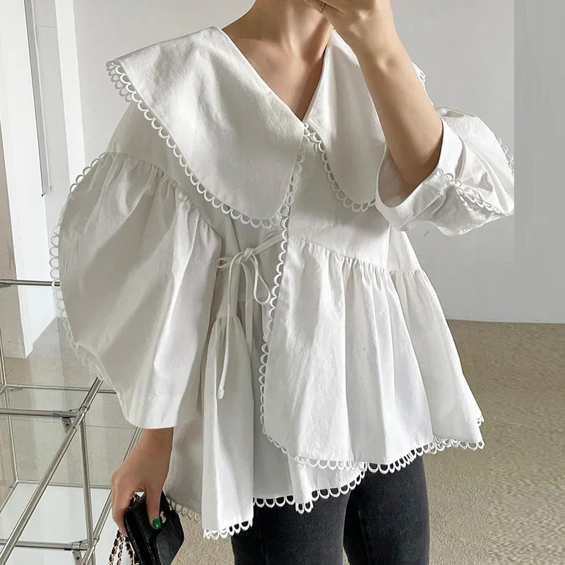 Irregular Lace Up Slim Waist Vintage Blouse Women Korean Style Chic Loose Casual Streetwear Shirts Spring Autumn Blusas 240816