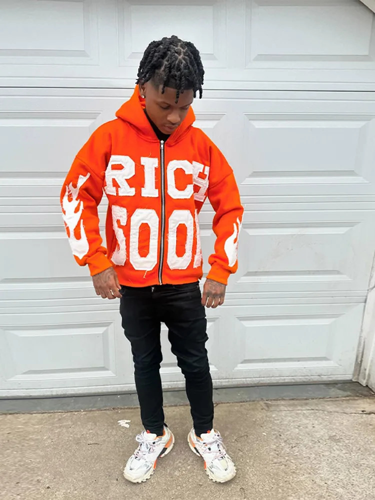 Street Rich Soon Printed Hoodie For Male Trendy Y2k Long Sleeve Zip Up Hooded Sweatshirt 2024 Autumn Pocket Loose Hoodies Jacket 240821