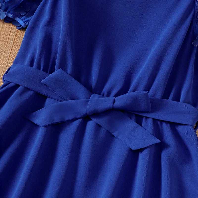 Summer Cute Girl Mesh Sleeves Round Neck Princess Dress Childrens Wedding Birthday Party Girl Detachable with Blue Fluffy DressW240720