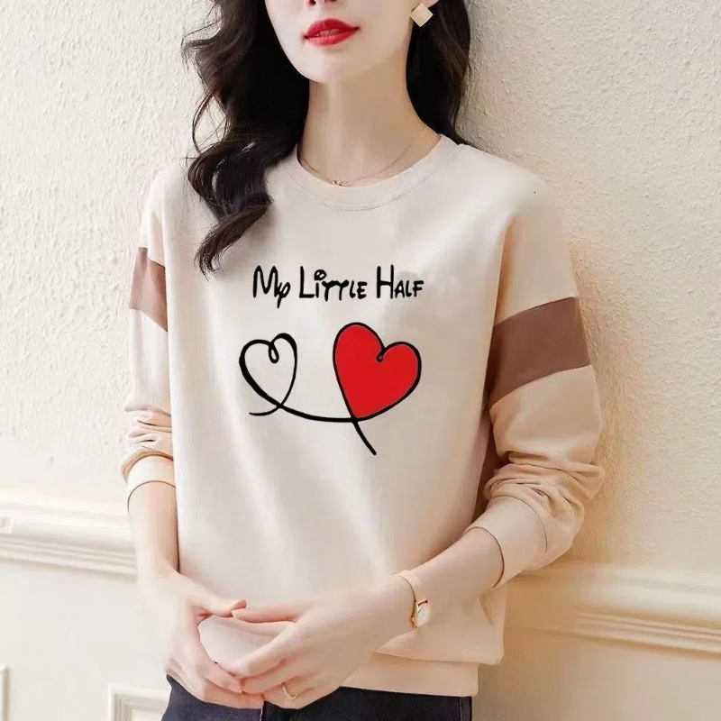 Letter Geometric Printing Lantern Long Sleeve Round Neck Womens Casual Loose T-shirt Hoodies Office Lady Spring Autumn Tops 240806