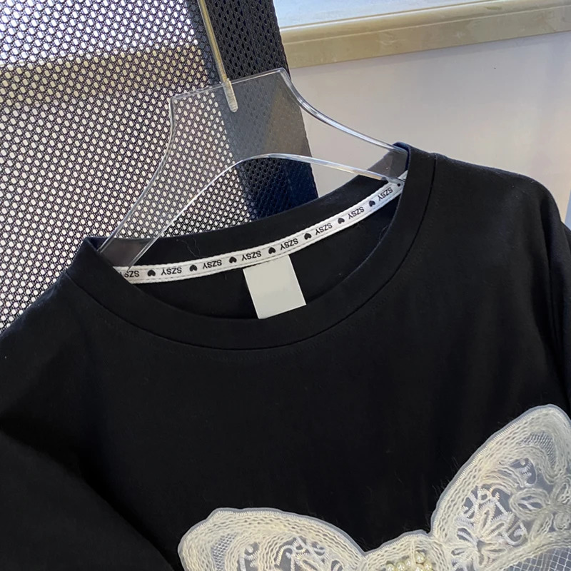 Bow Embroidery Beading Plus Size Cotton T-shirt Harajuku Aesthetic Arts Y2k Female Tops Summer Streetwear Lady Tees 240807