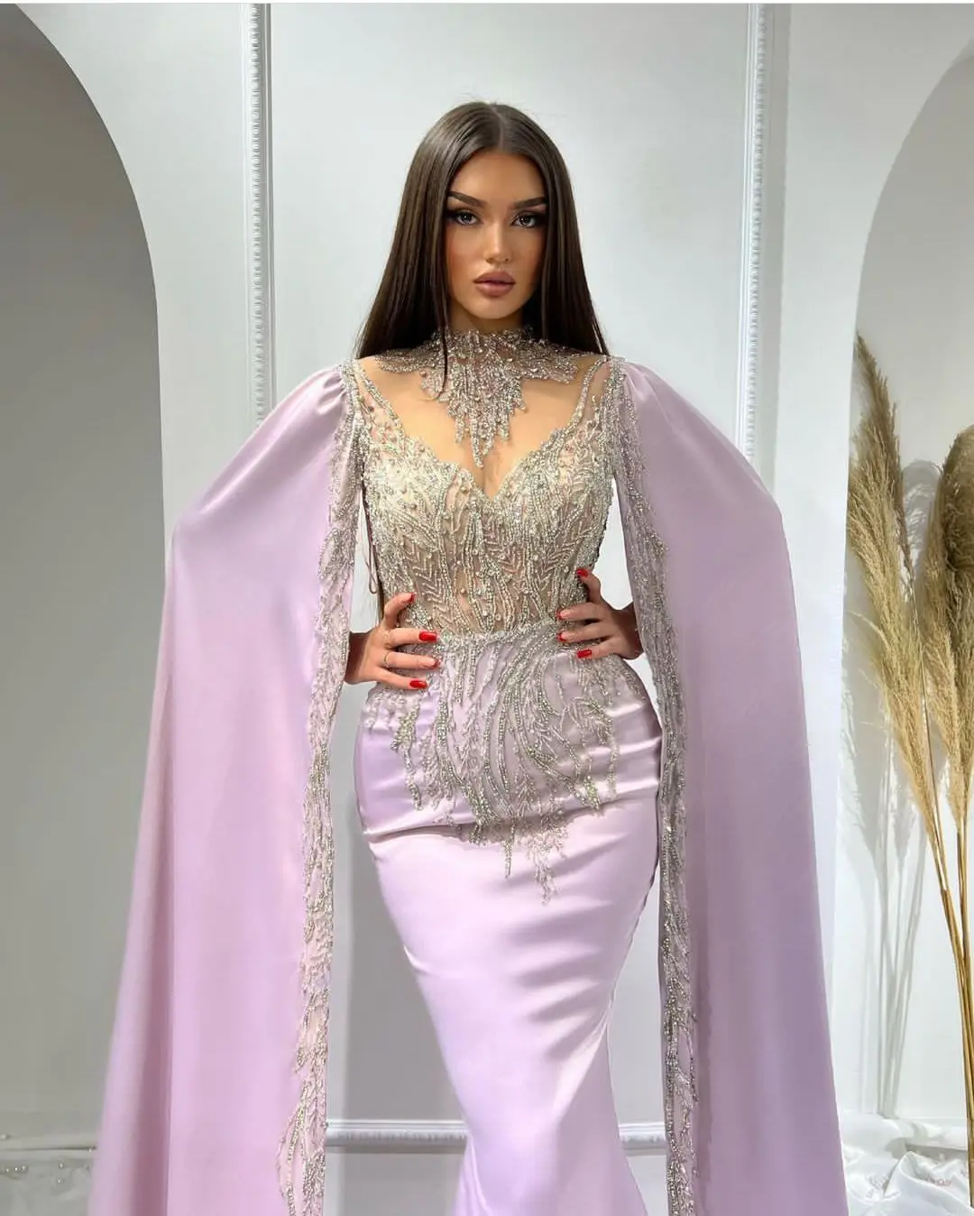 Designer Mermaid Evening Dresses High Collar Long Sleeves Gown Sequins Crystal Sweep Train Dress Party Prom Custom Made