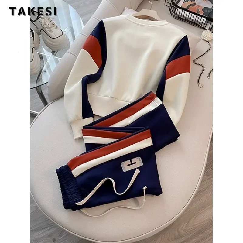 Korean Fashion Casual Sporty Two-piece Set Women Letter Print O-neck Sweatshirt Drawstring Trousers Sets Sports Pants Suits 240807