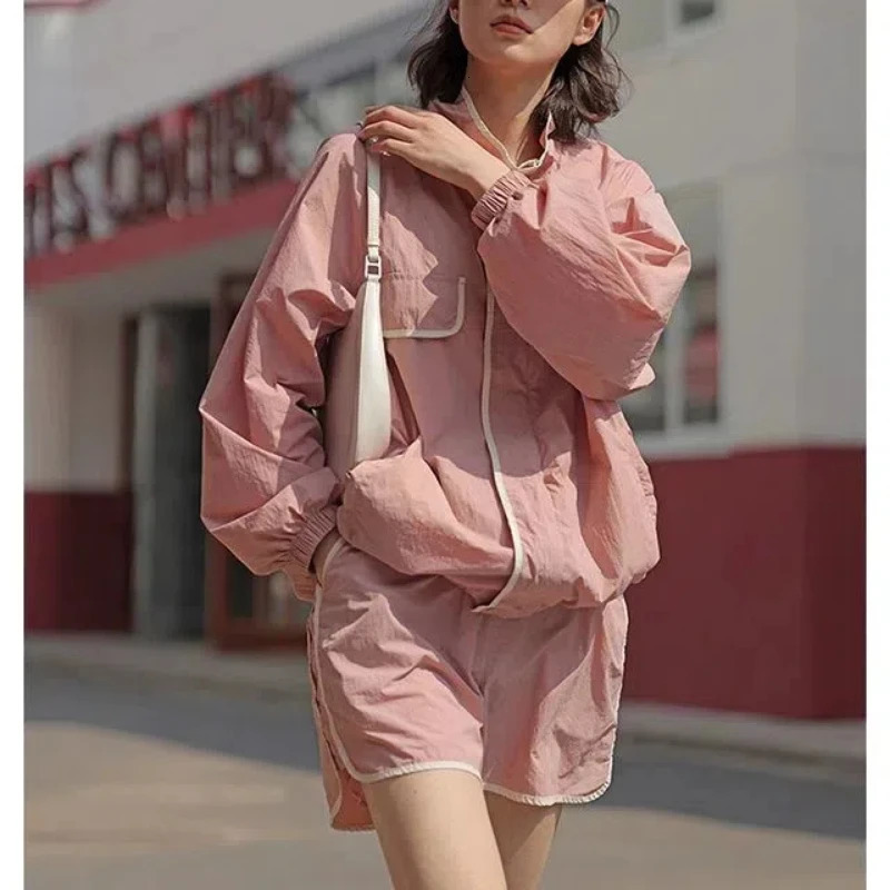 Womens Clothing Summer Turtleneck Zipper Pockets Solid Color Casual Commute Korean Easy Leisure Sun Protectio Short Sets 240807