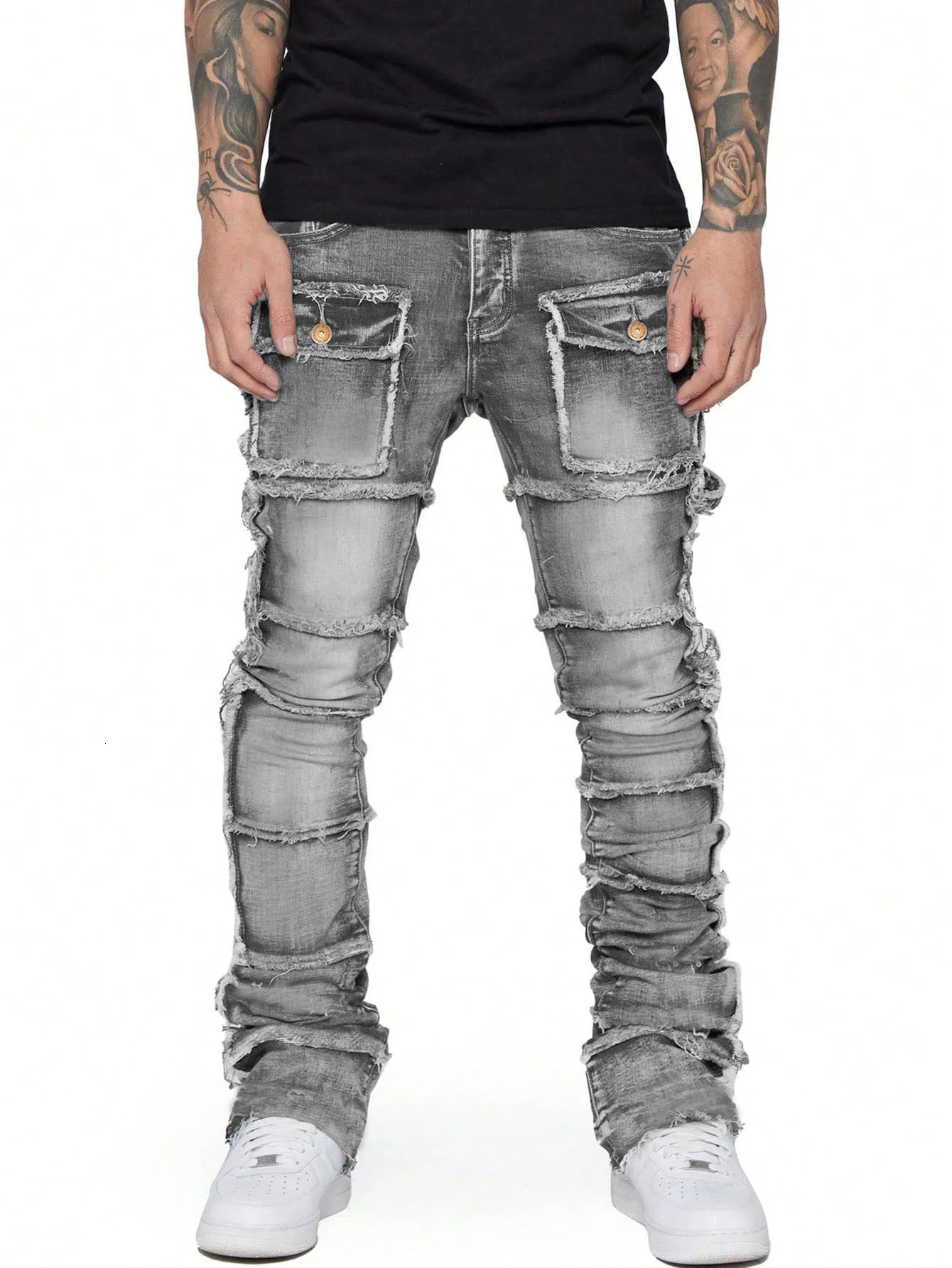 Elastic retro cargo jeans mens tear washed Y2k pants straight leg patch denim Trousers item 240819