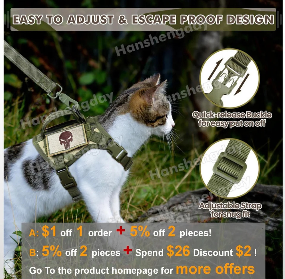 Tactical cat harness and belt escape large adult walking vest adjustable soft mesh pet with control handle 240806