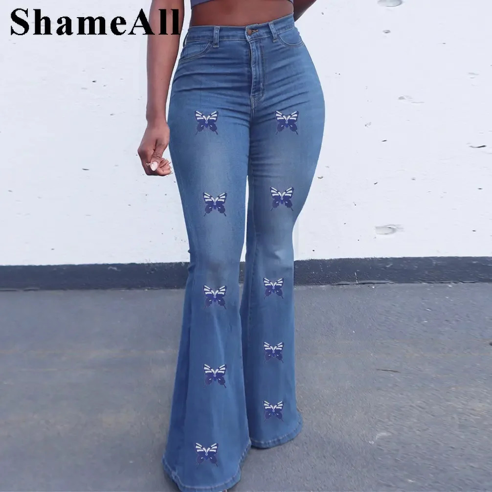 Plus Size Butter Fly Print Indie Aesthetic Flare Jeans 5XL Vintage Y2K Stretchy Skinny Melody Denim Pants Wide Leg Bell Bottoms 240807